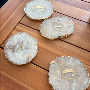 2 Anthropologie Gold and Cream Agate Coasters | Letter A